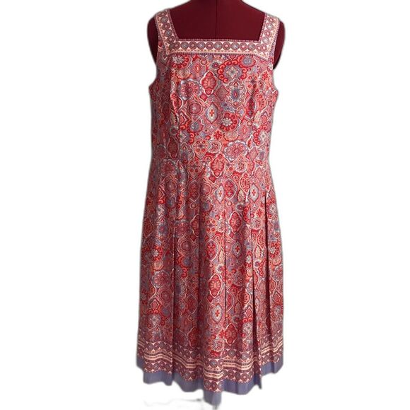 Talbots Medallion Fit & Flare Midi Dress Women's Size 10 Red & Blue Paisley - Picture 3 of 12